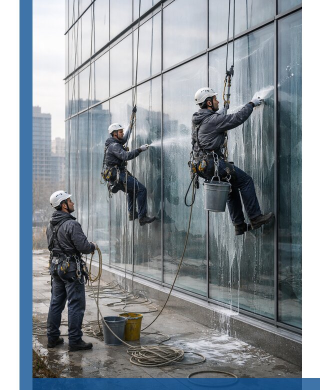 Промышленная мойка панорамных окон на высоте в Балтийске