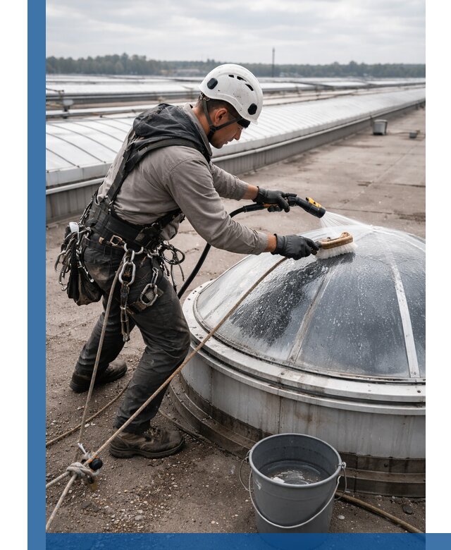 Мойка зенитных фонарей на кровле для промышленных объектов в Балтийске