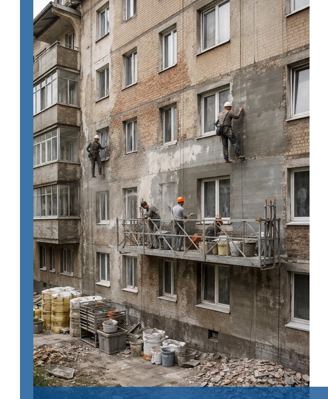 Капитальный ремонт фасада в Балтийске с восстановлением и гидроизоляцией