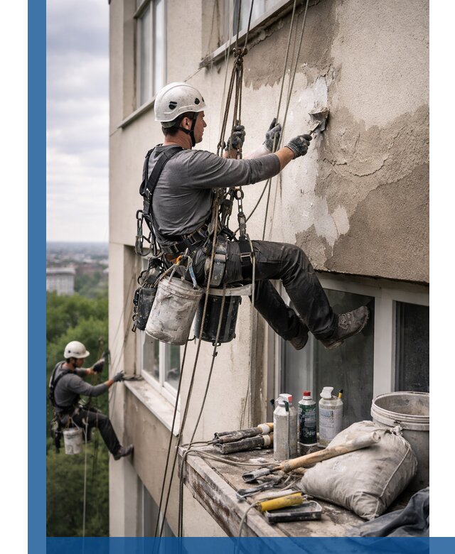 Косметический ремонт фасада зданий в Балтийске промышленными альпинистами