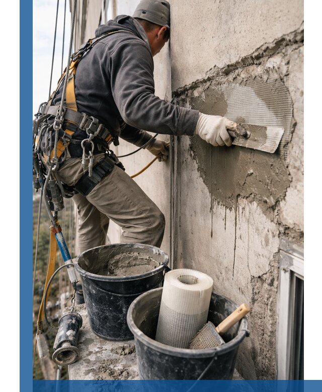 Ремонт бетонных элементов фасада промышленными альпинистами в Балтийске