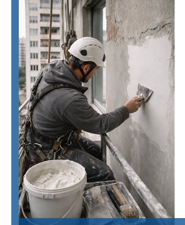 Шпаклевка фасадов на высоте с промальпинистами в Балтийске