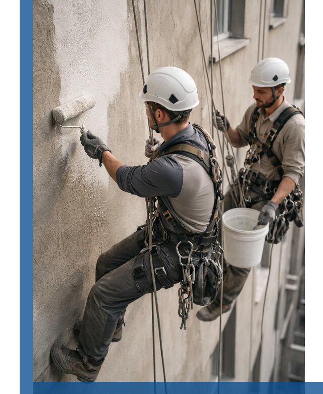 Грунтовка фасада на высоте в Балтийске промышленными альпинистами