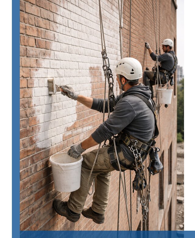 Покраска кирпичного фасада с доступным альпинистским сервисом в Балтийске
