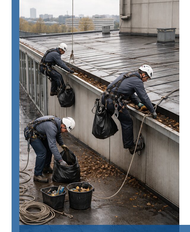 Очистка кровли по периметру в Балтийске силами промышленных альпинистов