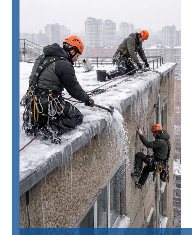 Удаление наледи с кровли в Балтийске промышленными альпинистами