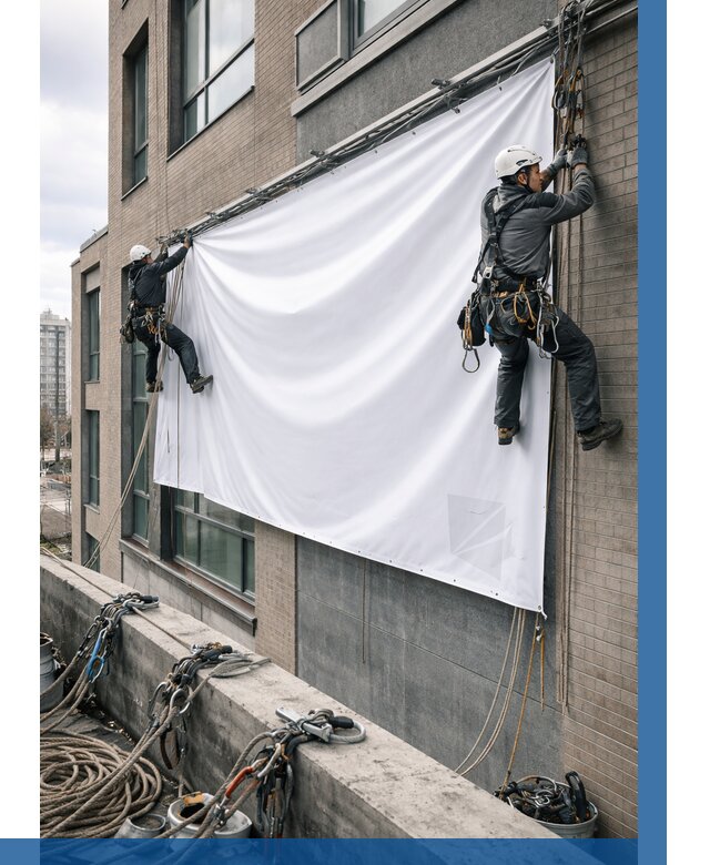 Монтаж баннеров на фасаде в Балтийске от 663 р. заказать ВЫСОТНИК-Блт