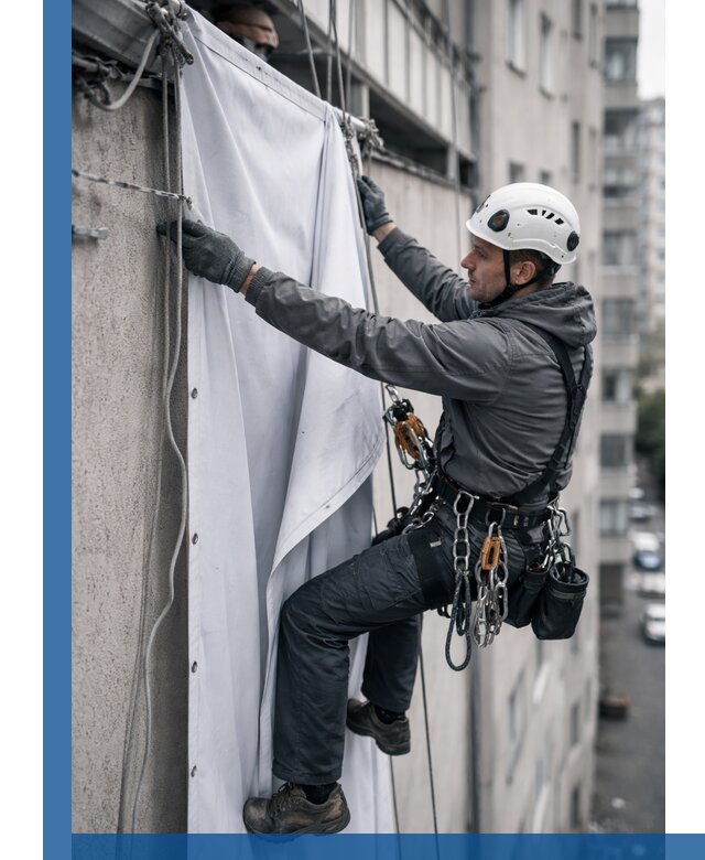 Замена баннерного полотна промышленными альпинистами в Балтийске