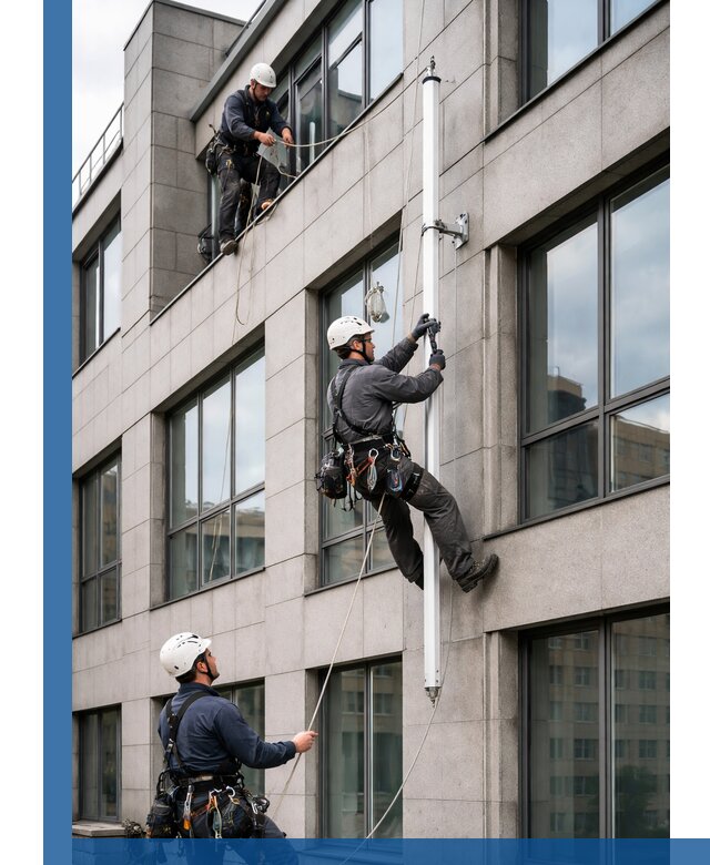 Монтаж флагштока на фасаде здания с креплением и герметикой в Балтийске