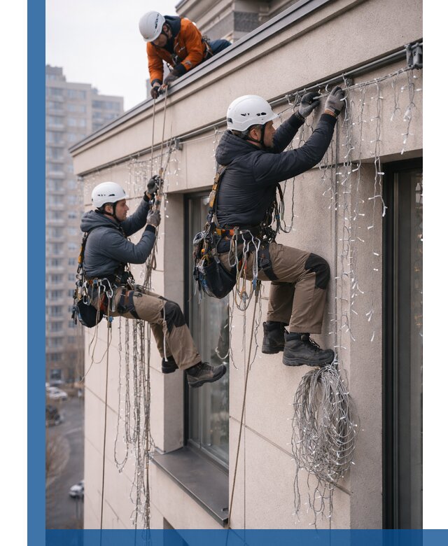 Монтаж праздничных гирлянд на фасаде в Балтийске для зданий