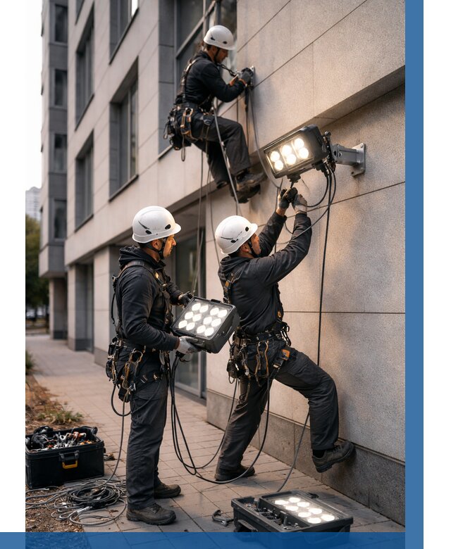 Монтаж прожекторов на фасаде в Балтийске от 7646 р. | ВЫСОТНИК-Блт