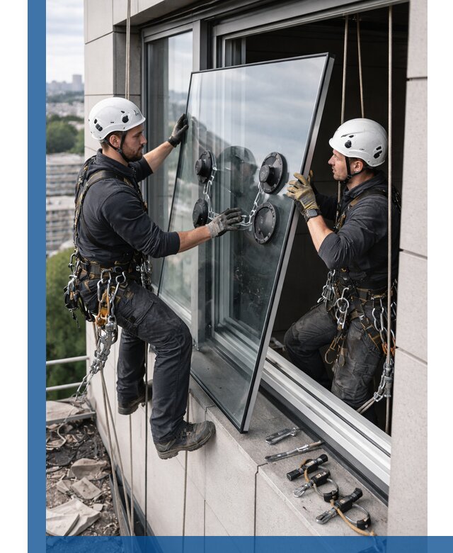 Замена стеклопакетов на высоте с промышленными альпинистами в Балтийске