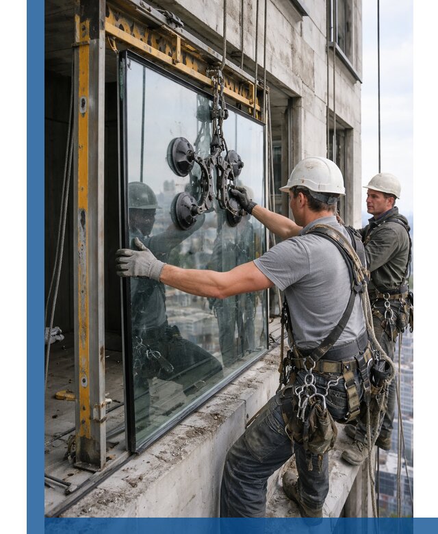 Монтаж стеклопакетов на высоте в Балтийске с промышленным альпинизмом