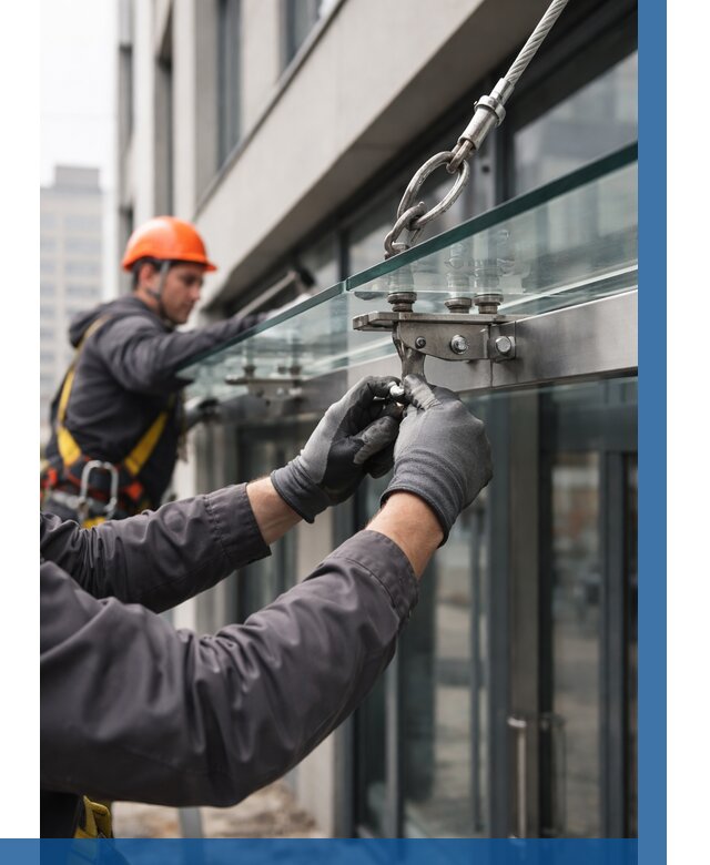 Монтаж стеклянных козырьков в Балтийске от 8666 р. | ВЫСОТНИК-Блт