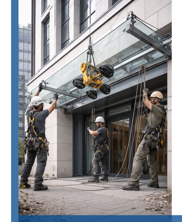 Монтаж стеклянных козырьков под ключ в Балтийске для зданий