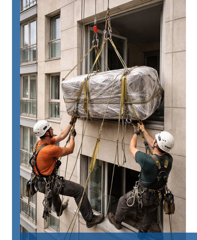 Подъем грузов через окно в Балтийске промышленными альпинистами