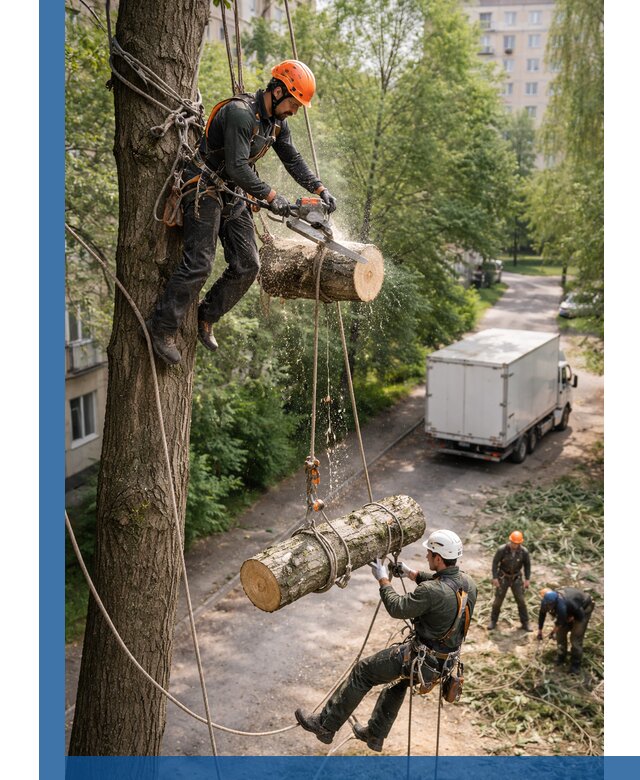 Спил деревьев альпинистами в Балтийске, безопасно и без повреждений